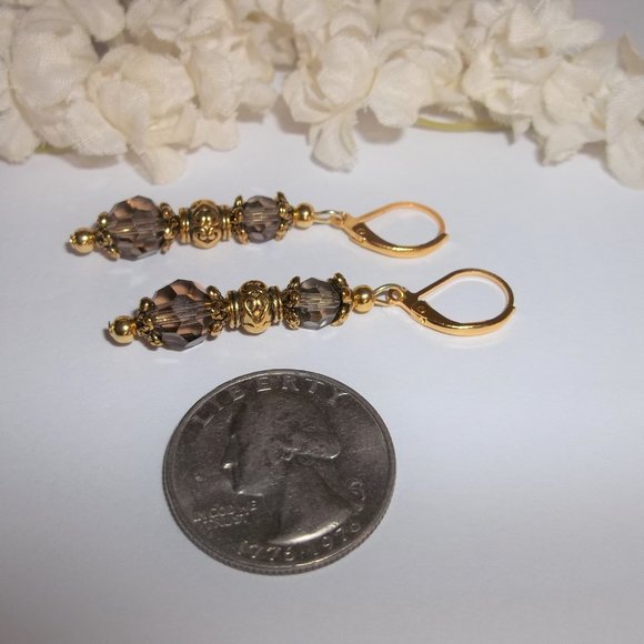 Pair of Dangle Earrings Brown Gold Lever Back 6405 - Picture 6 of 10